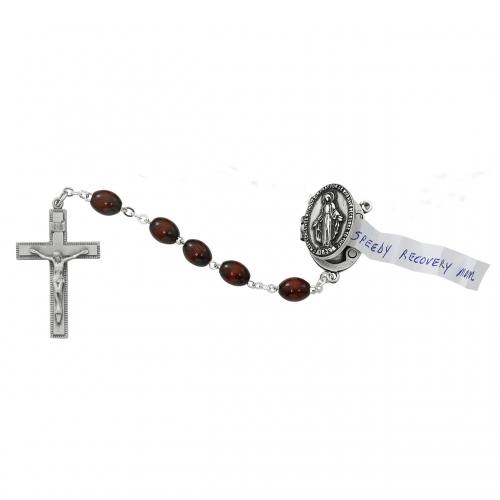 Rosary Miraculous Medal Prayer Petition Pewter Brown Wood Beads