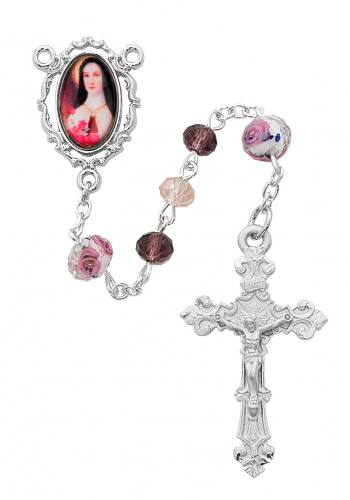 Rosary St. Therese Lisieux Pewter Silver Pink Flower Beads