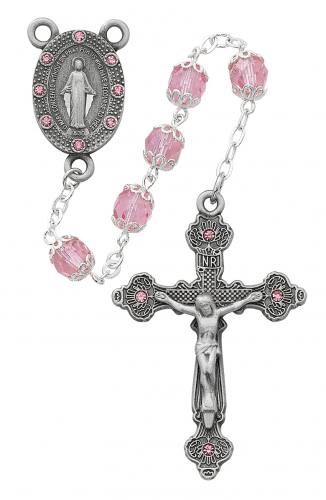 Rosary Miraculous Medal Pewter Silver Pink Glass Capped Beads