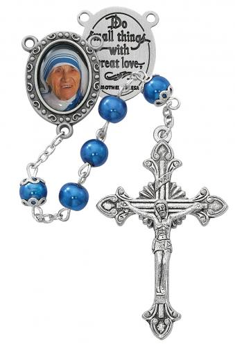 Rosary St. Mother Teresa Calcutta Pewter Silver Blue Pearl Beads