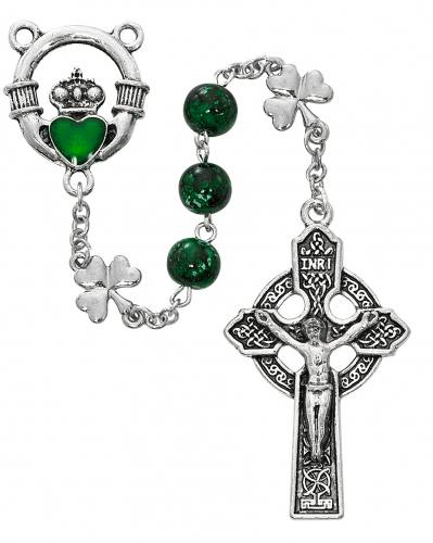 Rosary Claddagh Shamrock Oxidized Silver Green Glass Beads