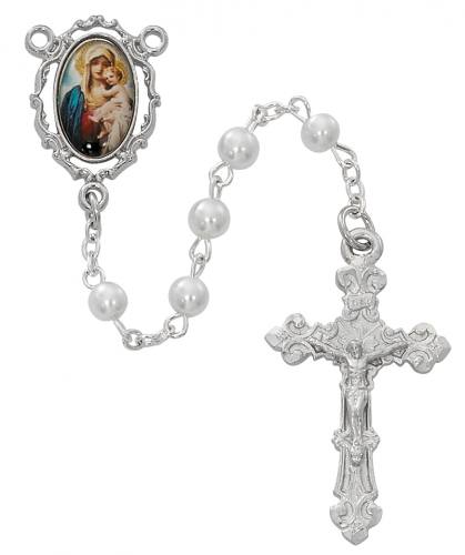 Rosary Mother & Child Rhodium Silver White Pearl Beads