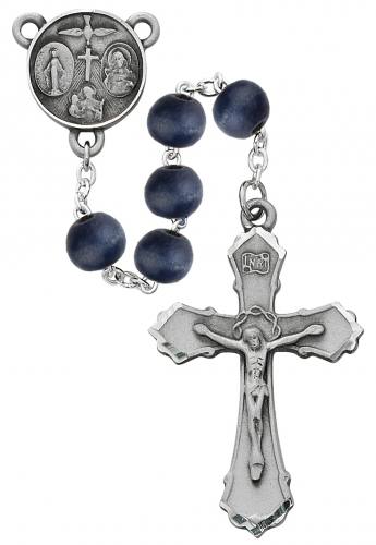 Rosary Four Way Medal Pewter Silver Blue Wood Beads