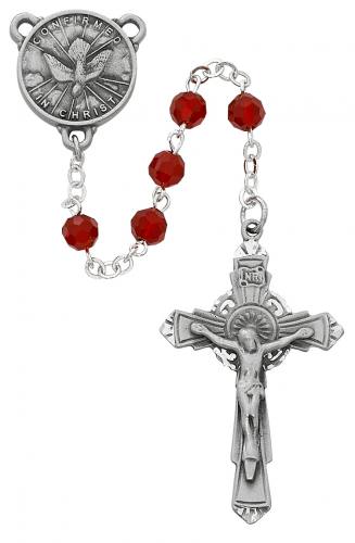 Rosary Confirmation Medal Pewter Silver Red Crystal Beads