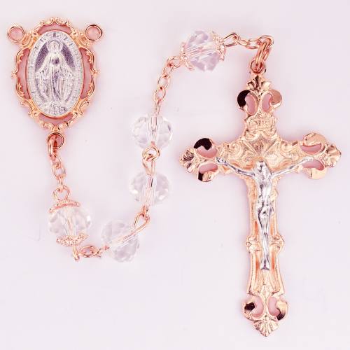 Rosary Miraculous Medal Rose Gold Crystal Beads