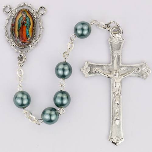 Rosary Mary Our Lady Guadalupe Pewter Teal Pearl Beads