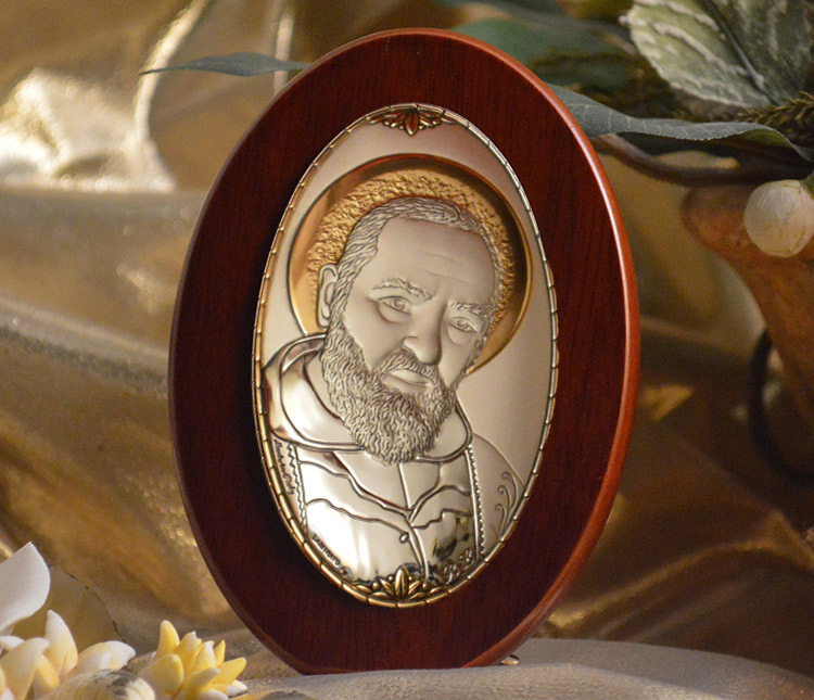 Icon Italian Silver Padre Pio Wood Plaque