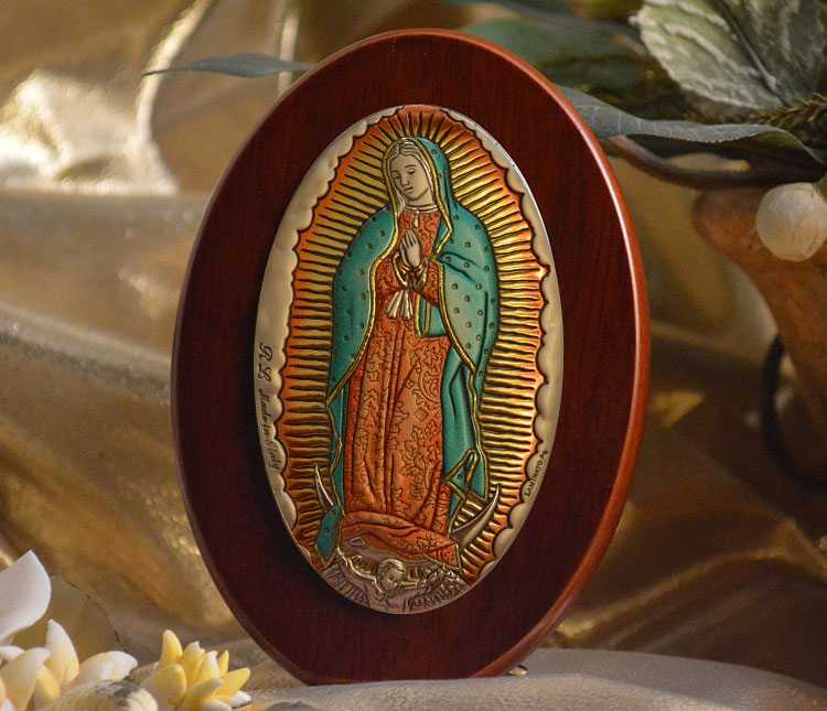 Icon Italian Silver Colored Our Lady of Guadalupe Wood Plaque