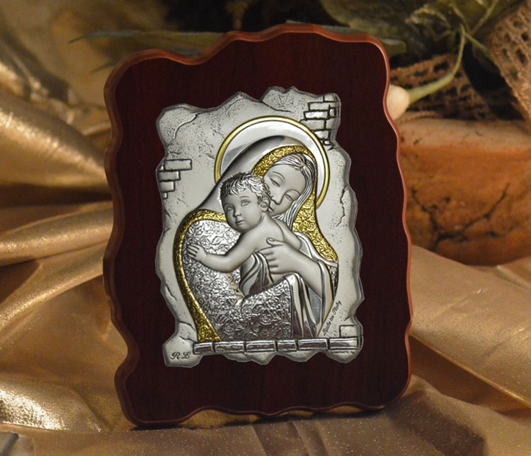Icon Italian Silver Madonna & Child Wood Plaque Wave