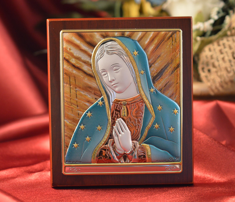Icon Italian Silver Our Lady of Guadalupe Wood Plaque