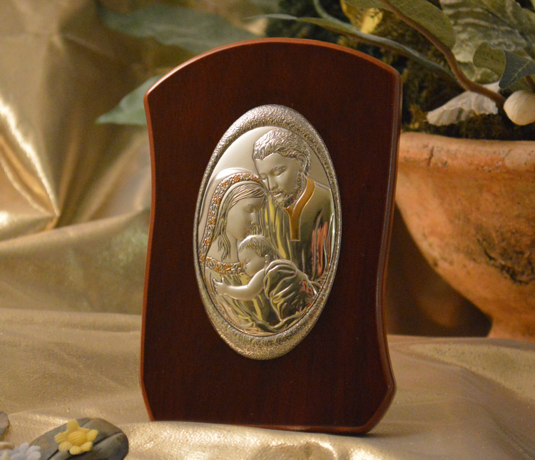 Icon Italian Silver Holy Family Wood Plaque