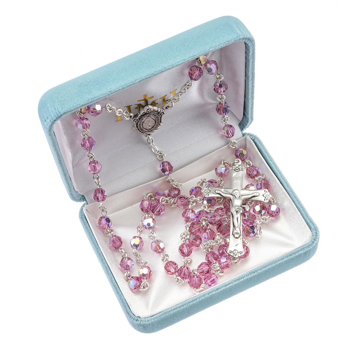 Rosary 6mm Pink Swarovski Full Sterling Silver