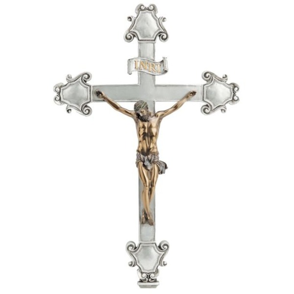 Crucifix Wall 16 in Ornate Resin Pewter and Bronze