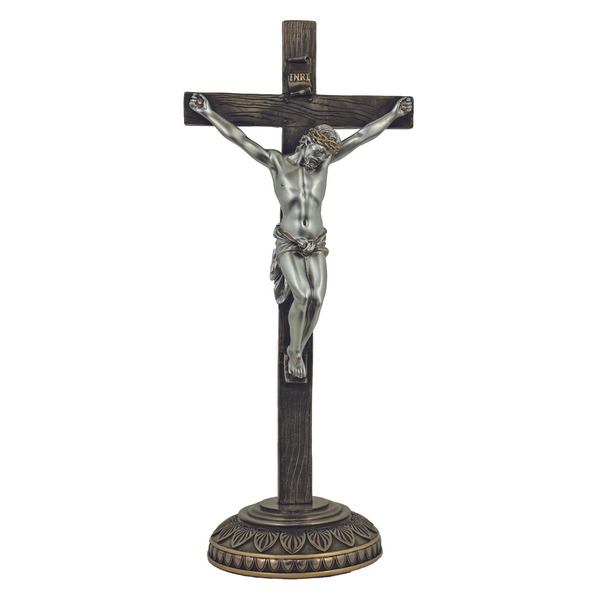 Crucifix Standing 13.75 in Resin Bronze and Pewter