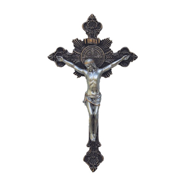 Crucifix Wall 8 in St. Benedict Resin Bronze and Pewter