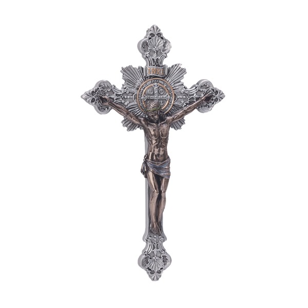 Crucifix Wall 7.75 in St. Benedict Resin Pewter and Bronze