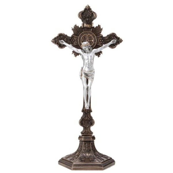 Crucifix Wall 17 in St. Benedict Resin Bronze and Pewter