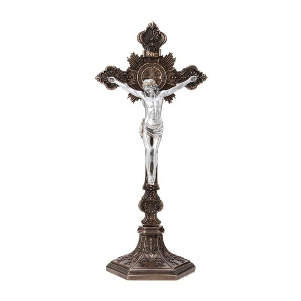 Crucifix Standing 9.5 in St. Benedict Resin Bronze and Pewter