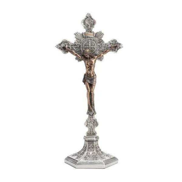 Crucifix Wall 9.5 in St. Benedict Resin Pewter and Bronze