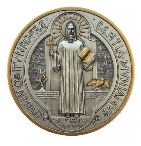 Plaque St. Benedict 7 Inch Pewter Resin