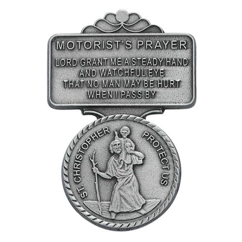Visor Clip St. Christopher Medal "Motorist Prayer" Pewter Silver