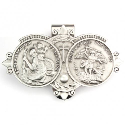 Visor Clip St. Christopher & St. Michael Medals Pewter Silver