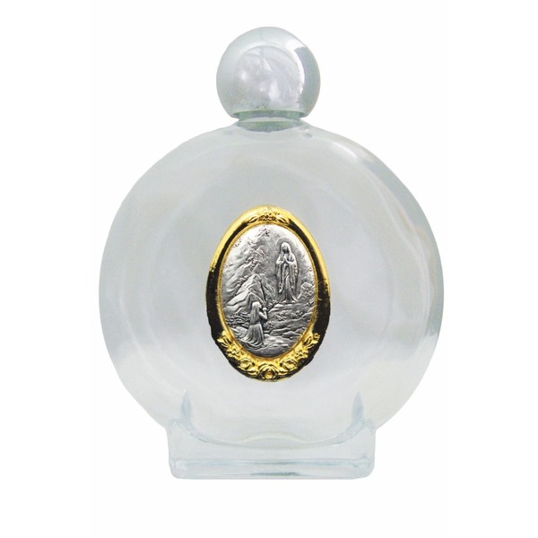 Holy Water Bottle Mary Our Lady of Lourdes 8oz Glass Round