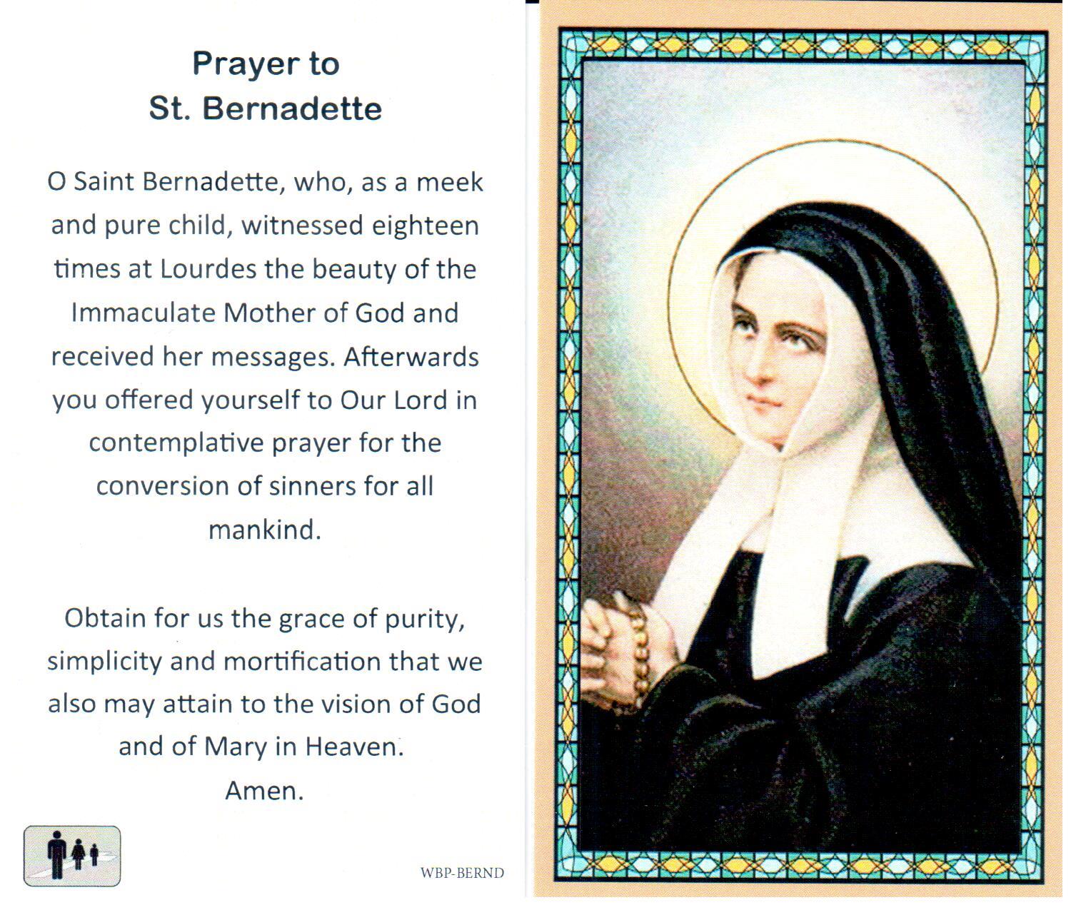 Prayer Holy Card St. Bernadette Laminated