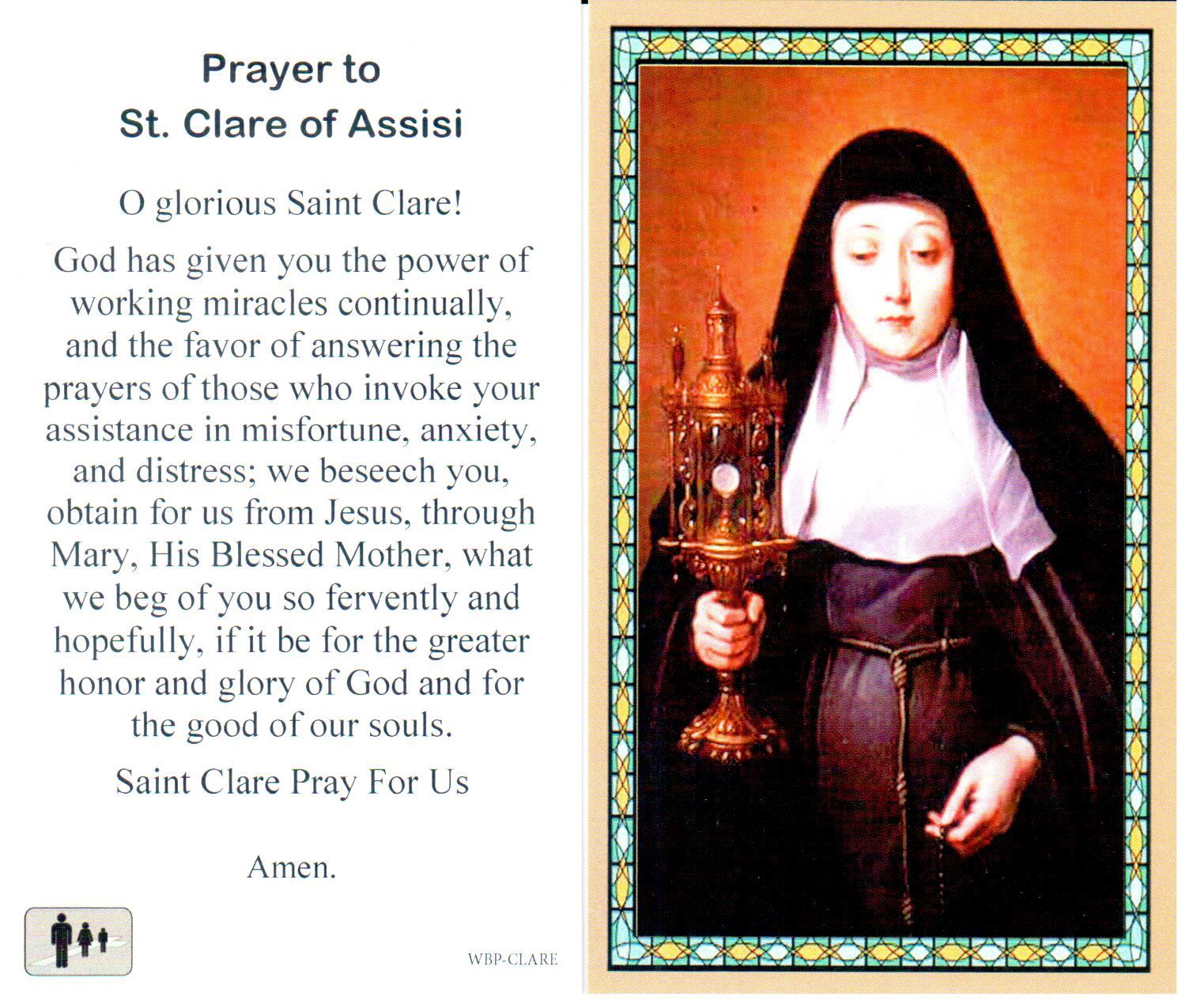 Prayer Holy Card St. Clare Assisi Laminated