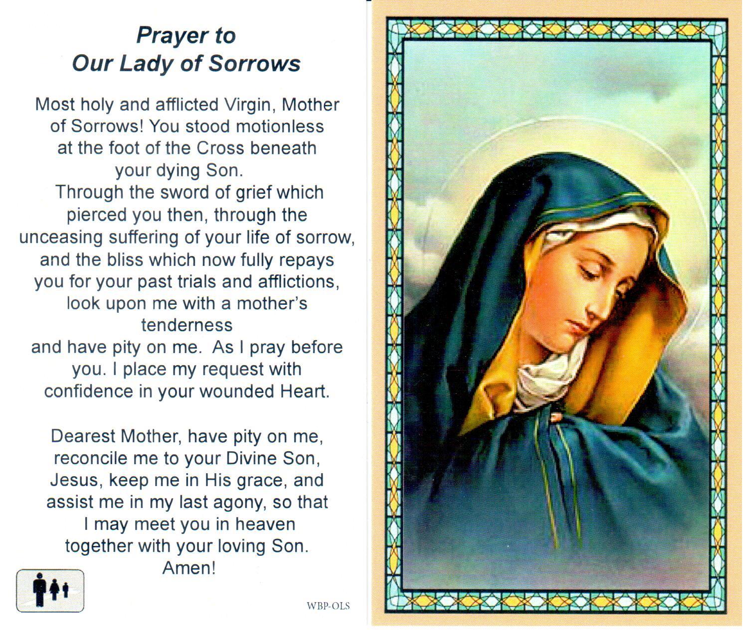 Prayer Holy Card Mary Our Lady of Sorrows Laminated