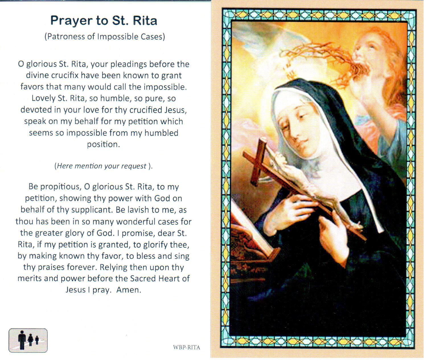 Prayer Holy Card St. Rita Laminated