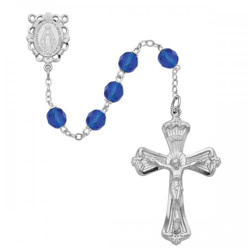 Rosary Miraculous Medal Rhod Silver Sapphire Sept Birthstone