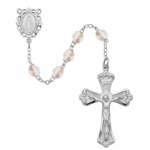 Rosary Miraculous Medal Rhod Silver Crystal April Birthstone
