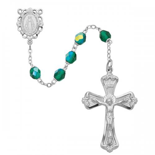 Rosary Miraculous Medal Rhod Silver Emerald May Birthstone