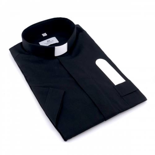 Clerical Shirt Desta Tab Collar Black Short Sleeve