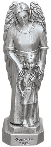 Statue Guardian Angel & Girl 3.5 inch Pewter Silver