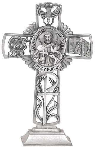 Cross Standing St. Francis Assisi 5 inch Pewter Silver