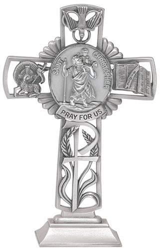 Cross Standing St. Christopher 5 inch Pewter Silver