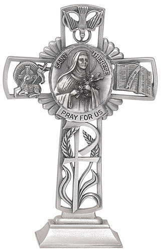 Cross Standing St. Therese Lisieux 5 inch Pewter Silver