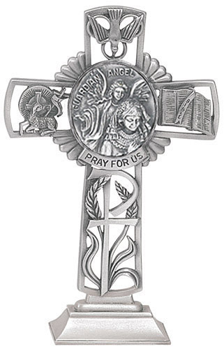 Cross Standing Guardian Angel Girl 5 inch Pewter Silver