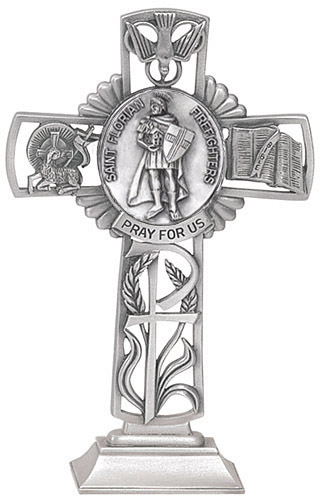 Cross Standing St. Florian Firefighters 5 inch Pewter Silver