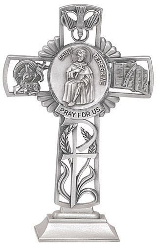 Cross Standing St. Peregrine 5 inch Pewter Silver