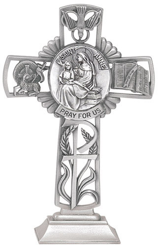Cross Standing St. Anne Medallion 5 inch Pewter Silver