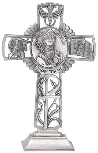Cross Standing St. Nicholas Myra 5 inch Pewter Silver