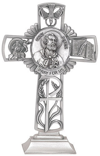 Cross Standing St. Peter Apostle 5 inch Pewter Silver