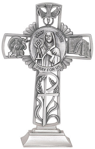 Cross Standing St. Clare Assisi 5 inch Pewter Silver