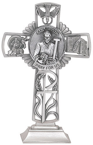 Cross Standing St. Justin Martyr 5 inch Pewter Silver