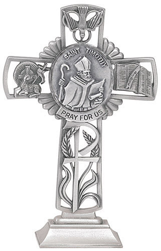Cross Standing St. Timothy 5 inch Pewter Silver