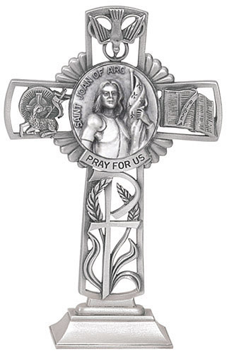 Cross Standing St. Joan of Arc 5 inch Pewter Silver
