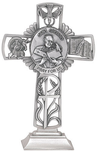 Cross Standing St. Gregory Great 5 inch Pewter Silver